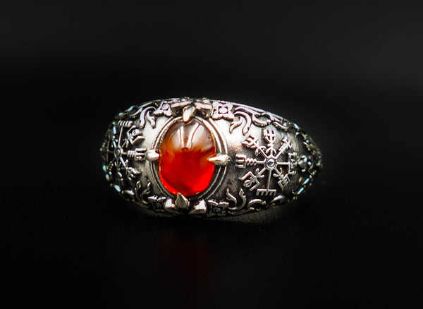 Garnet Vegvisir Ring, Viking Vegvisir Compass Norse Ring 925 Sterling Silver Jewelry Size 6-15