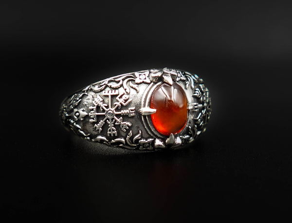 Garnet Vegvisir Ring, Viking Vegvisir Compass Norse Ring 925 Sterling Silver Jewelry Size 6-15