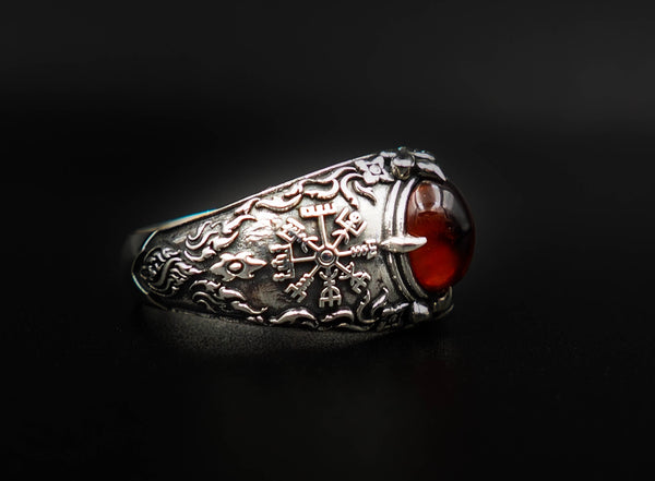 Garnet Vegvisir Ring, Viking Vegvisir Compass Norse Ring 925 Sterling Silver Jewelry Size 6-15