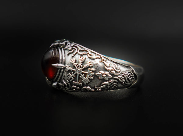 Garnet Vegvisir Ring, Viking Vegvisir Compass Norse Ring 925 Sterling Silver Jewelry Size 6-15