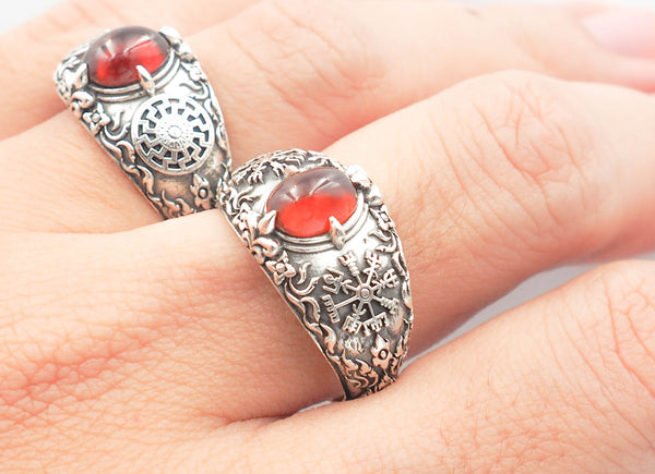 Garnet Vegvisir Ring, Viking Vegvisir Compass Norse Ring 925 Sterling Silver Jewelry Size 6-15