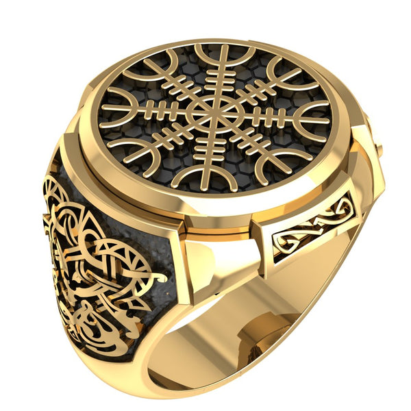 Helm of Awe Ring or Aegishjalmur Ring Runic Compass Norse Viking Brass Jewelry