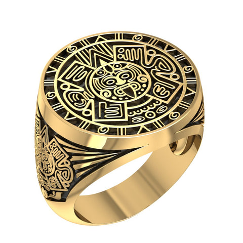 Aztec Calendar Ring for Men Mayan Sun Brass Jewelry Size 6-15 BR-14