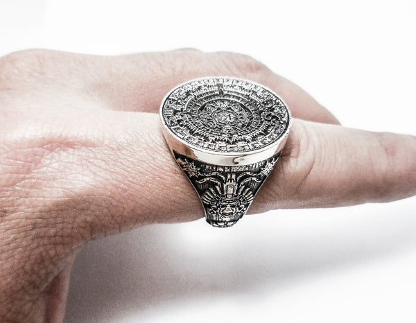 Mayan Ring, Silver Ring, Patterned Ring, Hand made, Mayan Calender Ring, 925 Sterling Silver Ring All Size Style Heavy Biker (R-13)